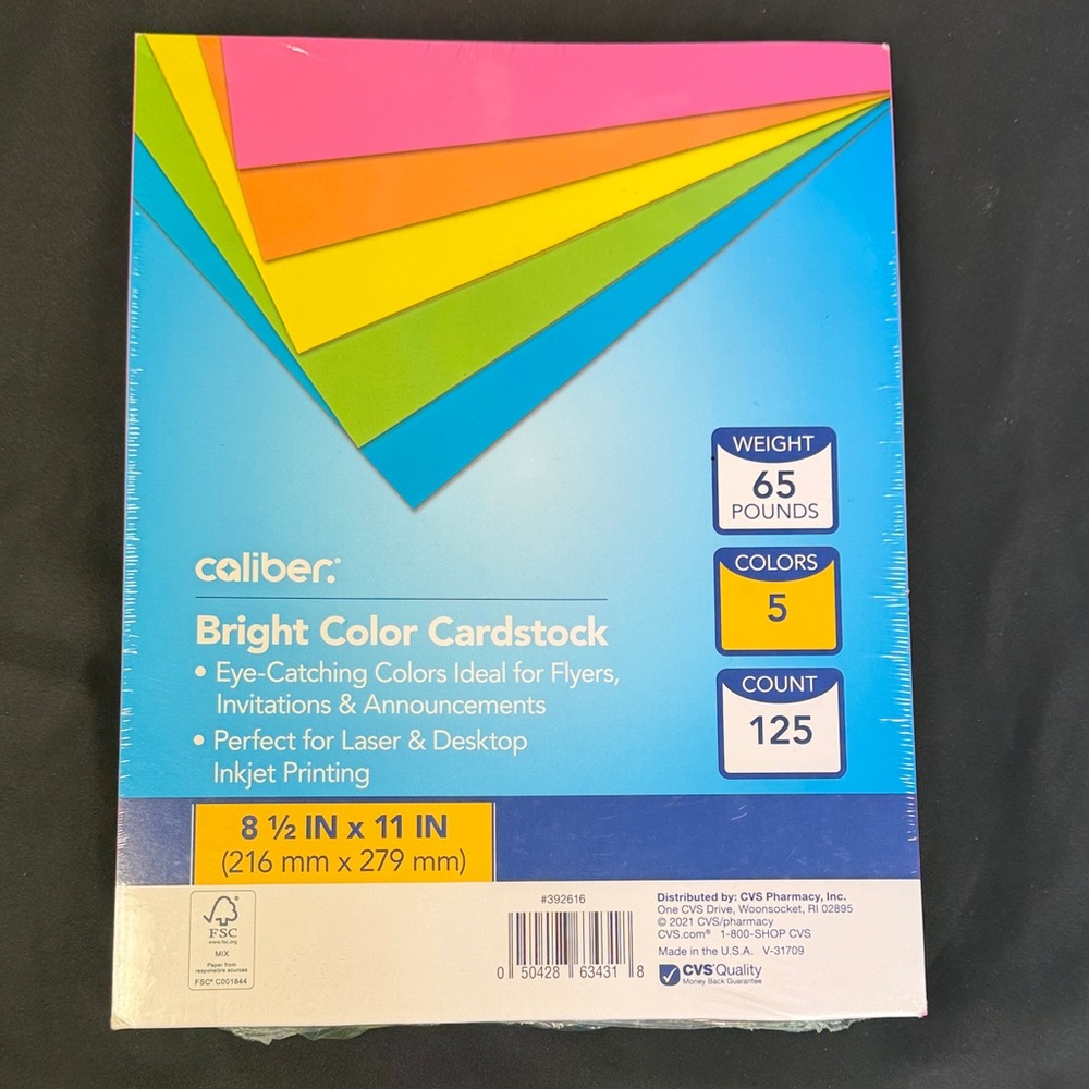 Caliber Bright Color Cardstock Pack 65 pounds 5 colors 125 count 8.5x11 inches